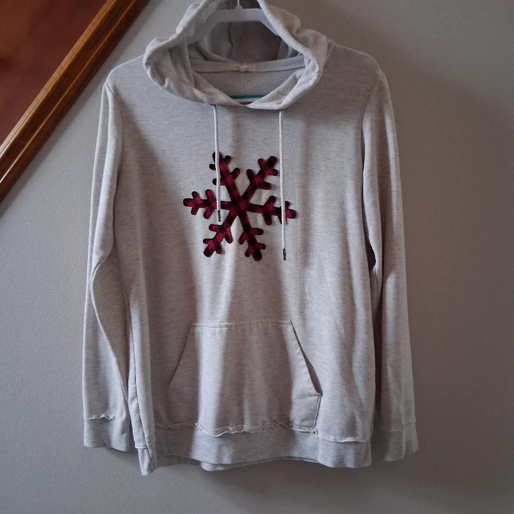 Maurices Heather Gray Hoodie with Red Amd Black Plaid Snowflake Design Medium